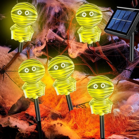 Halloween Mummy Solar Stake String Lights 5 Pack Yellow LED Mummy Ground Lights with Separated Solar Panel Waterproof Outdoor Pathway Lights for Yard Lawn Graveyard Decorations