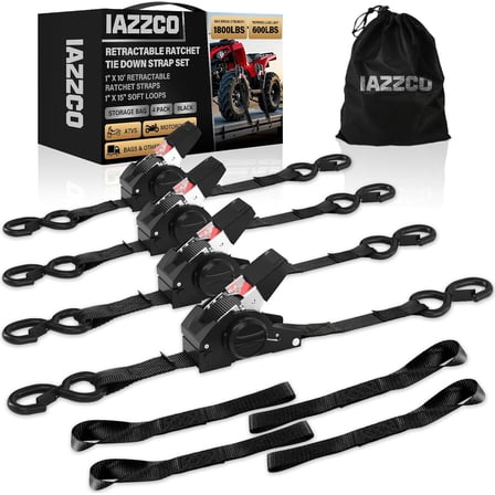 Retractable Ratchet Tie Down Straps - 1 Inch x 10 Feet (1800 LB Break Strength) Heavy Duty Self Retracting Ratchet Straps, for Trucks/ATV/Motorcycle/Cargo/Household（Black/4 Pack）