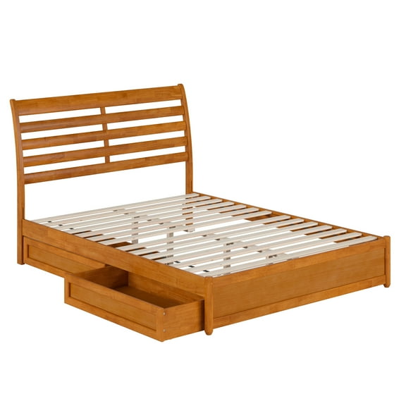 Emelie Queen Wood Platform Bed with Panel Footboard & Drawers in Light Toffee