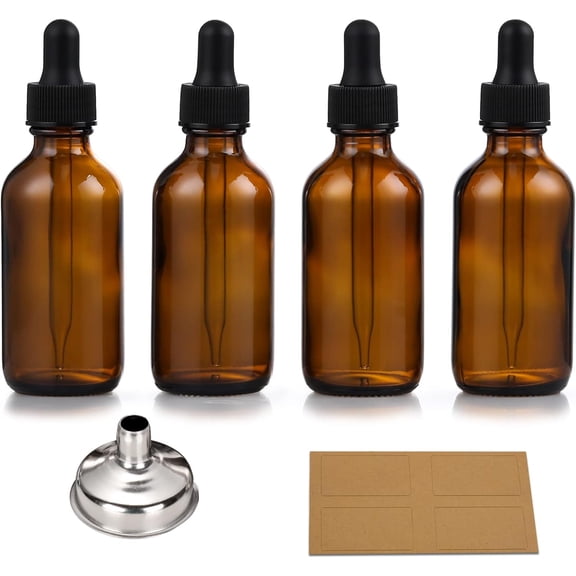 4 Pack, 1 oz Thick Dark Amber Glass Dropper Bottles with 1 Funnels & 4 Labels - 30ml Tincture Bottles with Eye Dropper - Leakproof Essential Oils Bottle - Storage and Travel for Beauty or Health