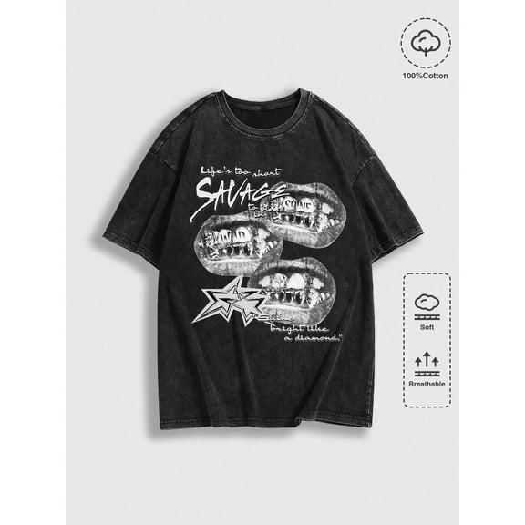 Men's Acid Wash Streetwear Savage Graphic T-Shirt