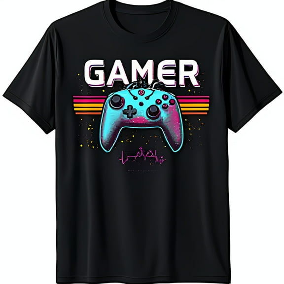 Retro Gamer Black T-Shirt with Colorful Controller Graphic & Heartbeat Design
