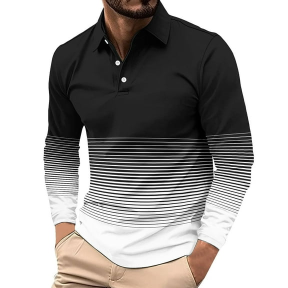 GuangCheng George Men Gradient Striped Long Sleeve Shirts Classic Collar Button Placket Horizontal Lines Colorblock Tops,Black,XL