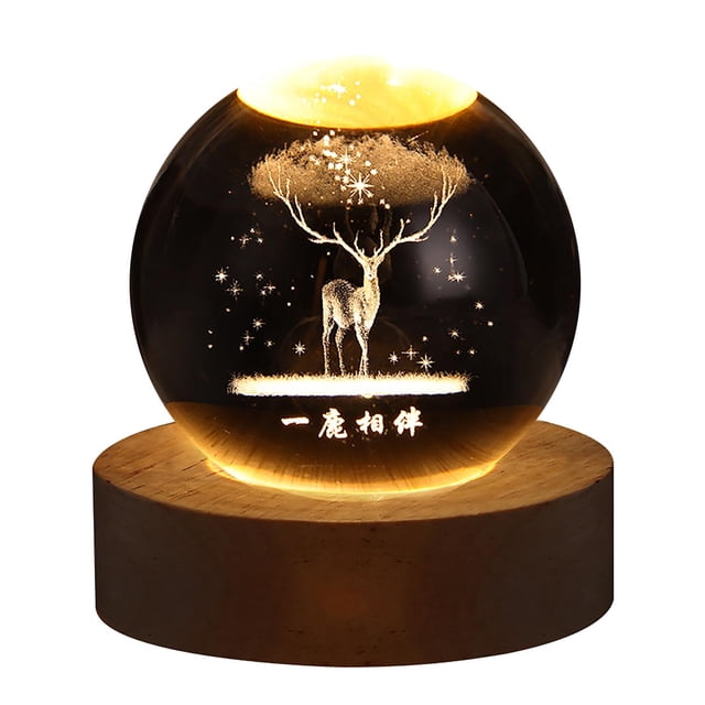 Wmhnj Luz nocturna de bola de cristal con sistema solar y base de madera, lmpara de cristal alimentada por USB para decoracin de habitaciones, 8 x 6 cm