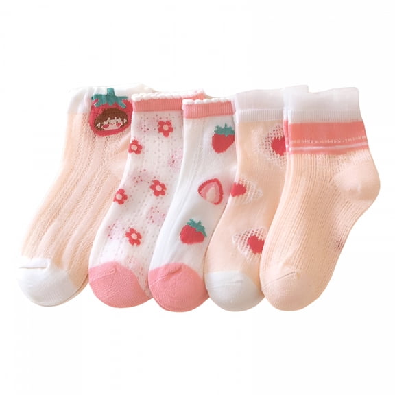 TELOLY Socks Ankle Children Girls Mesh Socks Breathable Soft Comfortable Cute Cartoon Character Strawberry Flower Pattern Daily Walking Wear Socks for Kids 6-8 Years Old S