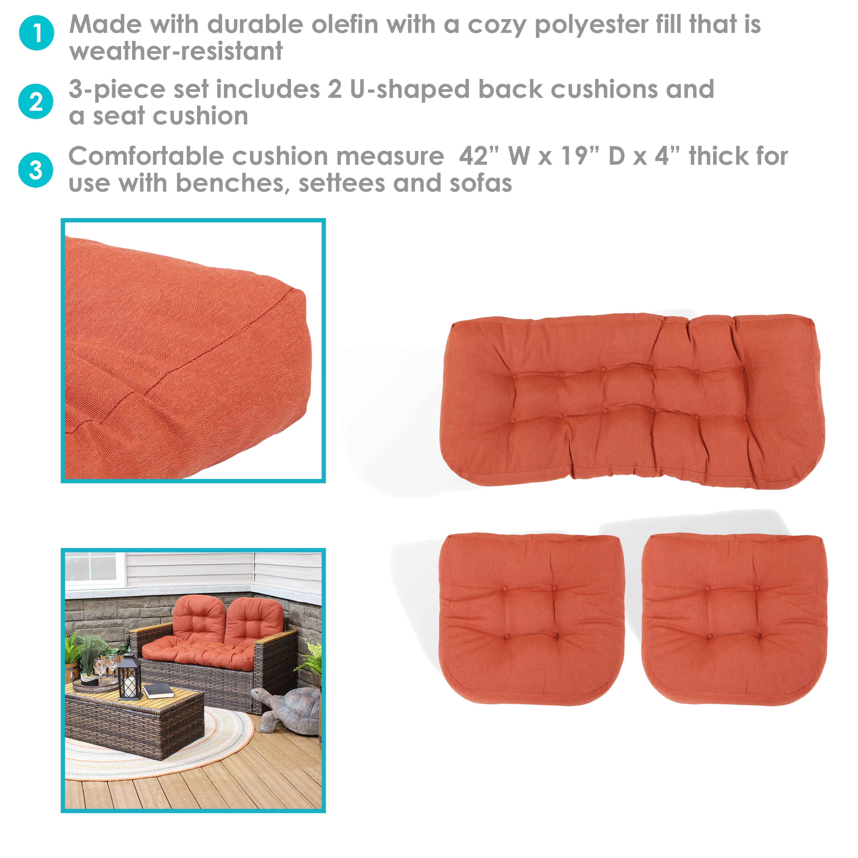 Sunnydaze Indoor/outdoor Olefin Polyester Replacement Tufted Settee Cushion  For Bench, Couch, Or Loveseat - Burnt Orange - 3pc : Target