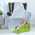 thumbnail image 4 of Cloud Soft Flannel Fleece Blanket, Boy Running to Little Girl with an Umbrella in the Rain Cartoon Style Weather Scene, Cozy Plush for Indoor and Outdoor Use, 50" x 60", Multicolor, by Ambesonne, 4 of 5