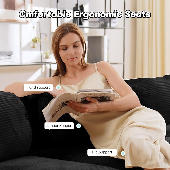 Howcool 80" Modern Corduroy Boneless Love Seat Couches with 1 Ottoman,2 Seater Large Sectional Couches for Living Room,Cloud Modular Sectional Sofa,Memory Foam, Extra Deep Loveseat,No Assembly,Black