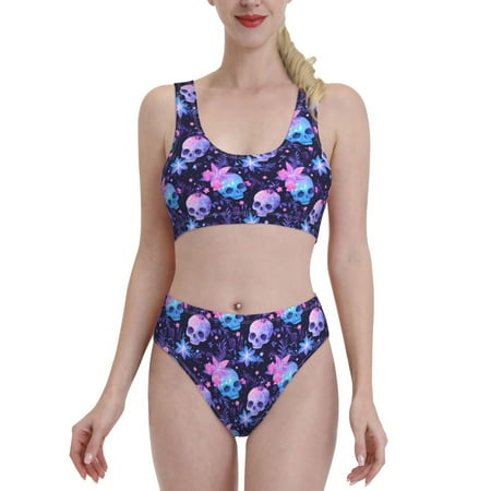 High Waisted Bikini Sets For Women  Skull Starry Sky Flower Leaf Two Piece Swimsuit Sporty Scoop Neck Bathing Suit