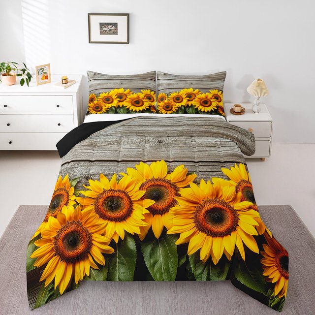 Erosebridal Rustic Sunflower Bedding King Comforter Set, Chic Flower Floral Down Comforter, Reversible 3 Pieces