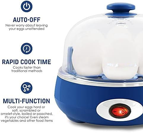 EGC007CBL# Rapid Egg Cooker, 7 Easy-To-Peel, Hard, Medium, Soft Boiled Eggs, Poacher, Omelet Maker, Auto Shut-Off, Alarm, 16-Recipe Booklet, BPA-Free, Cobalt