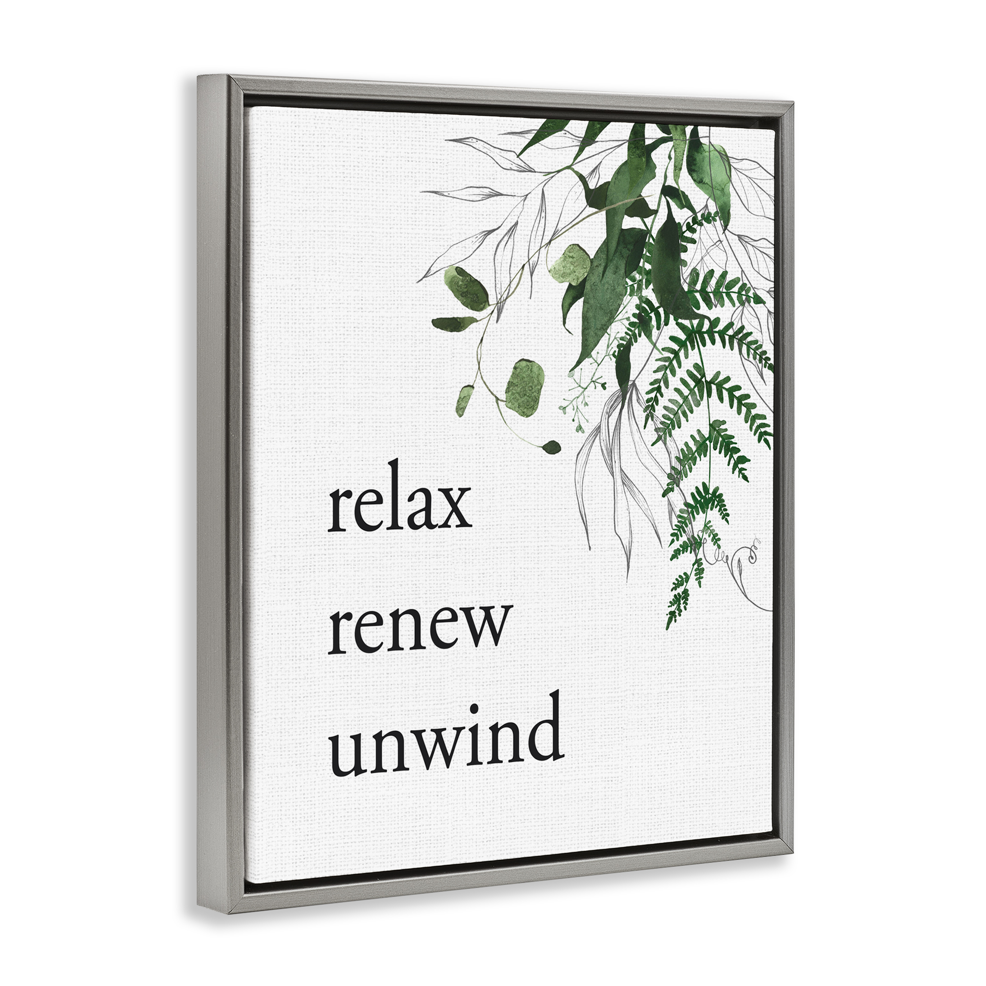 Relax Renew Unwind with Foliage Gray Framed Floater Canvas Wall Art, design by Lettered and Lined