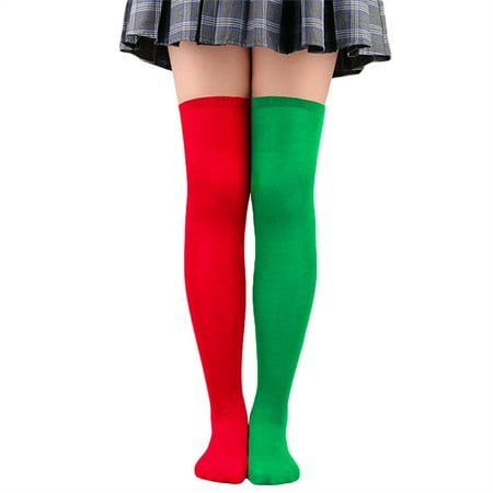 

CenturyX Christmas Women Asymmetric Stripe High Boot Socks Contrast Color Long Stocking Knee-Length Socks Red Green One Size
