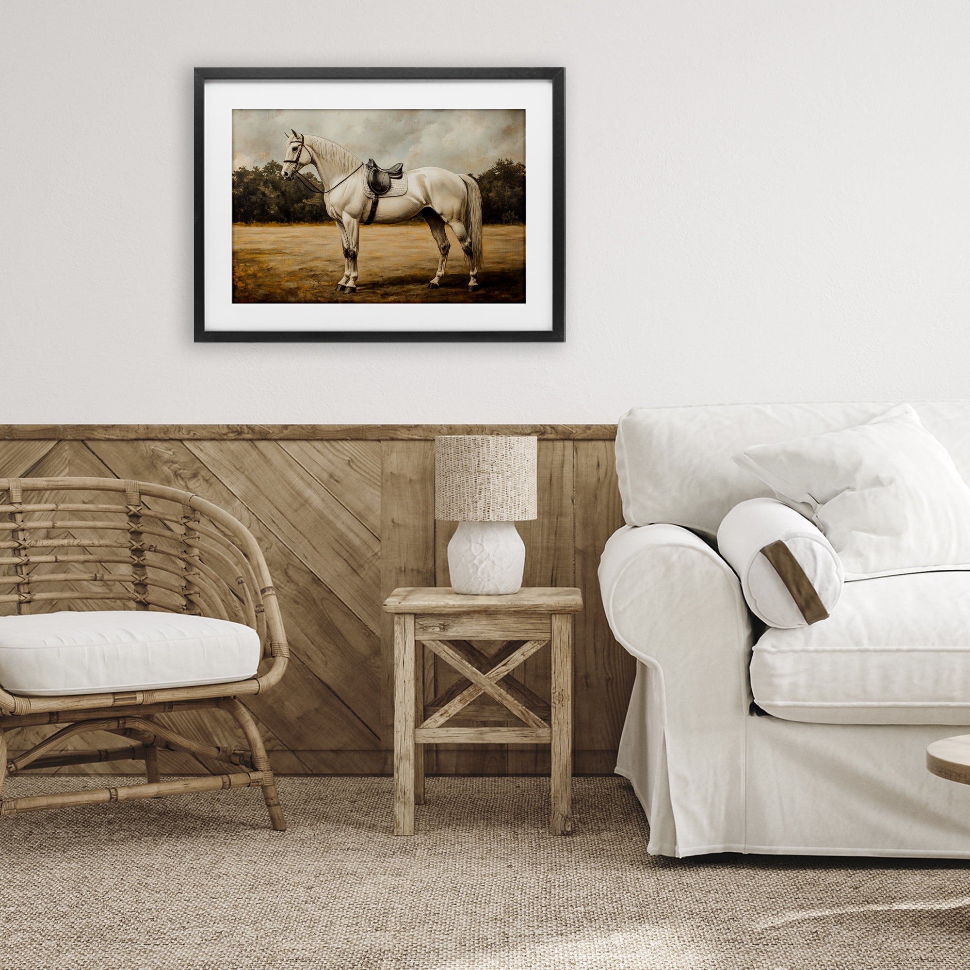 Stupell Industries White Mare with Saddle Black Framed Print Under Glass, design by Petal Prints Design