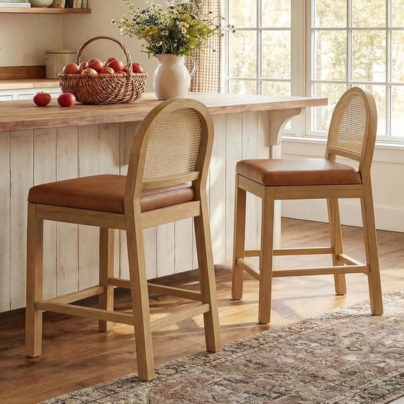 LAZZO 25" Rattan Bar Stools Set of 2, Wooden Mid-Century Modern Counter Height Stools for Dining Room, Brown