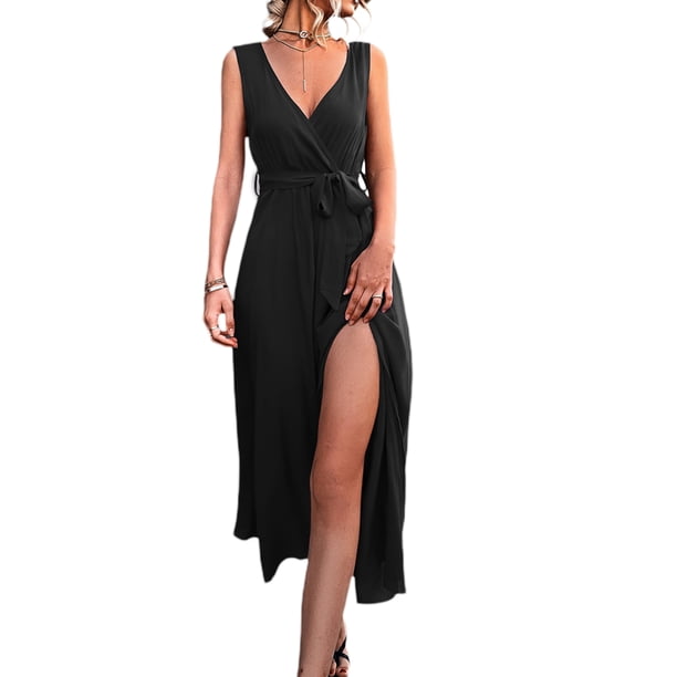 Txlixc Vestido de mujer de color sólido sin mangas, cuello en V profundo, cruzado, vestido de piernas altas Txlixc moda