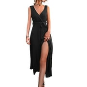 VISgogo Women's Solid Color Dress Sleeveless Deep V Neck Cross Strap High Leg Slit Dress