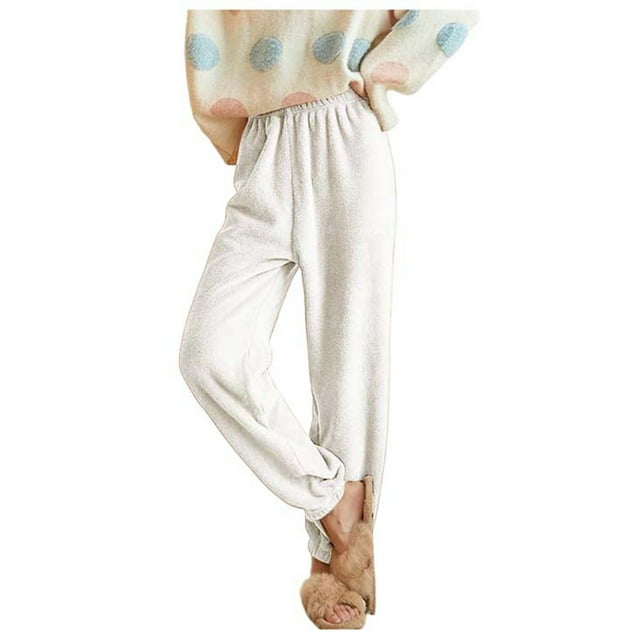 Pantalones de franela con cintura elástica para mujer - Pantalones de pijama informales y cálidos de color liso para invierno, poliéster, S-XXL