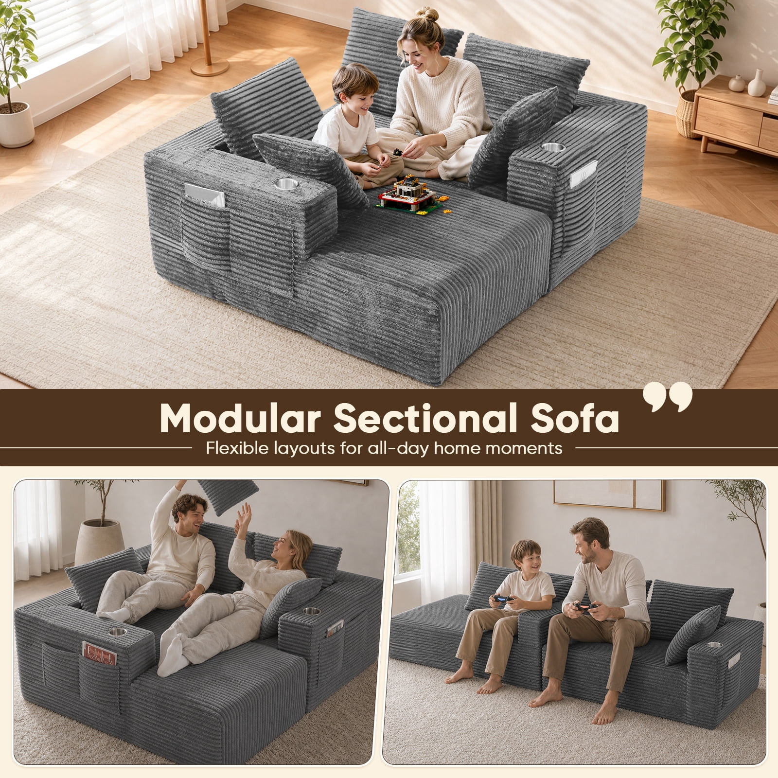 Lunale 95" Modular Sectional Sofa, L-Shaped Boneless Cloud Couch with Cup Holders, Modern Deep Seat Sofa for Living Room, Gray (Right Facing Chaise)
