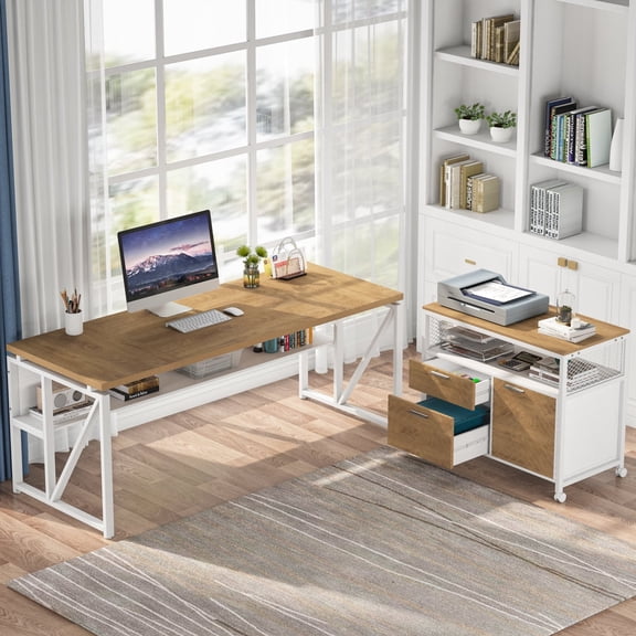 Tribesigns L-Shaped Executive Desk And Lateral File Cabinet (Oak Brown and White）
