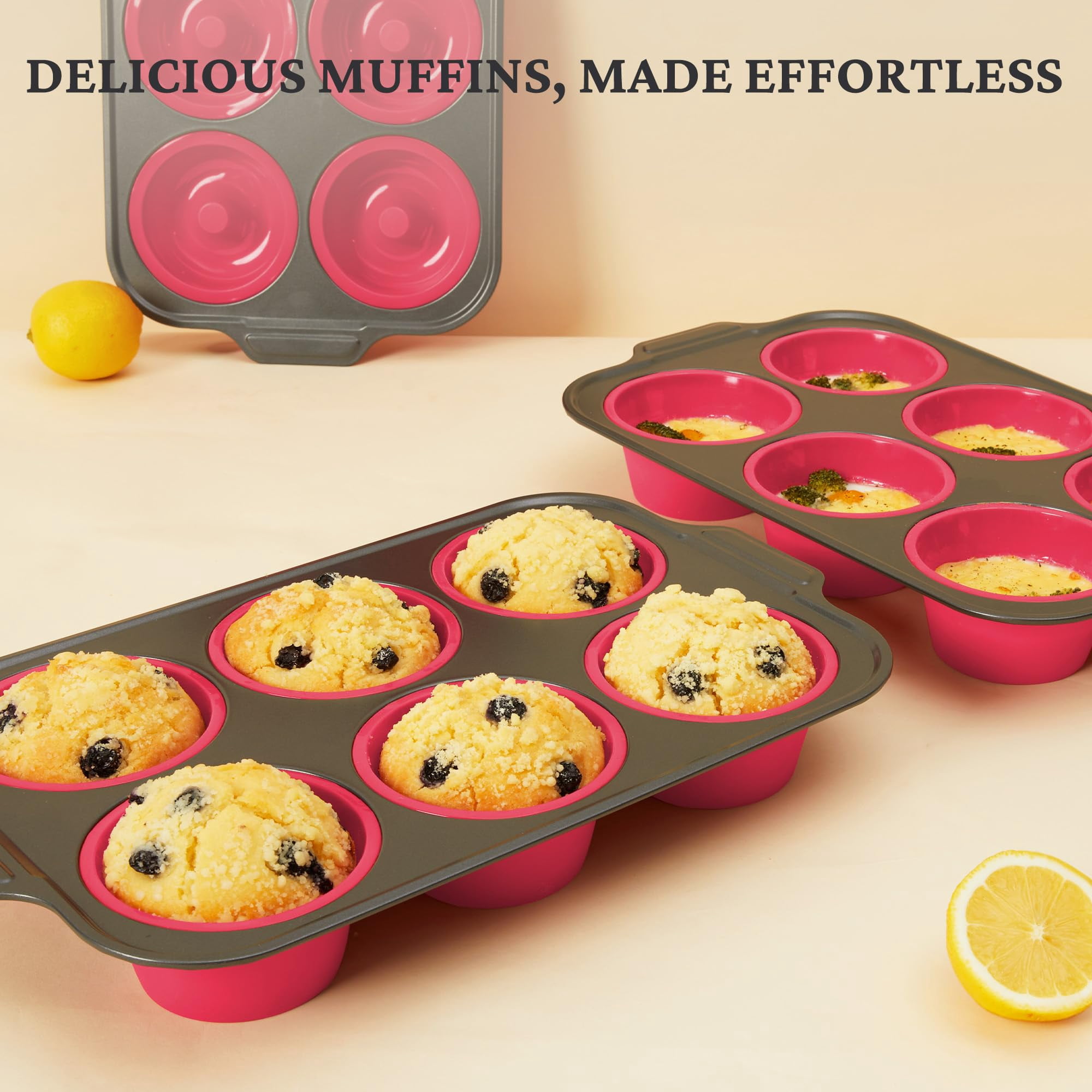 HONGBAKE Jumbo Silicone Muffin Pan with Metal Frame, 3.5" Large Muffin Tins, Non-Toxic Food Grade Silicone, Non-Stick for Egg Bites & Big Cupcakes, Oven Safe, Pink
