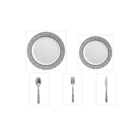 Inspiration White w/ Silver Lace Border 10" Dinner Plates 7" Salad Plates Cutlery *Party for 40*