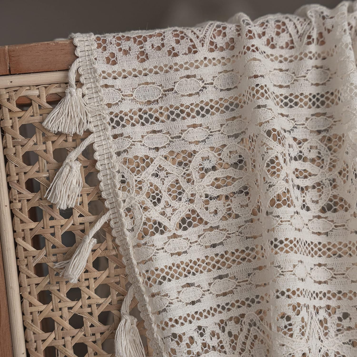 Boho Tassel Crochet Curtains for Living Room,Vintage Rod Pocket Bohemian Curtains Geometry Striped Knitted Lace Light Filtering Curtains for Bedroom Bay Kids Beige Knitted Lace 02 150*200cm