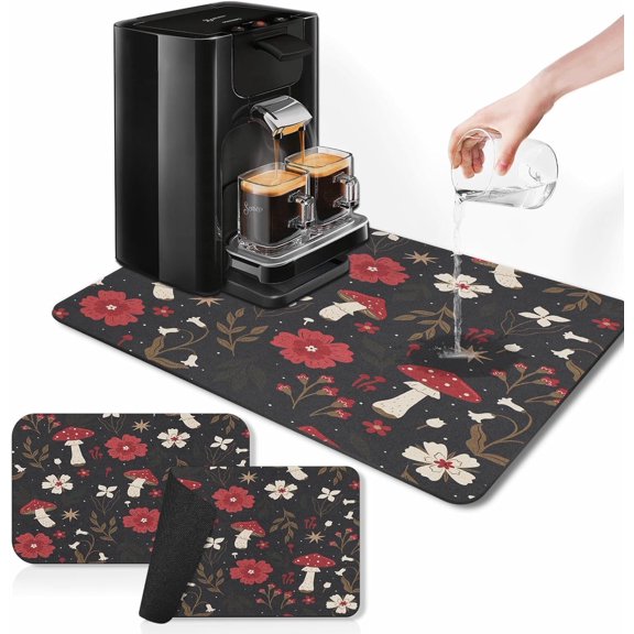 Coffee Mat for Countertops, Mushroom Red Floral Black Dish Drying Mat 2 Pcs for Kitchen Coffee Bar Accessories, Fit Under Coffee Maker Espresso Machine Dish Rack Hide Stain Rubber 12x19in