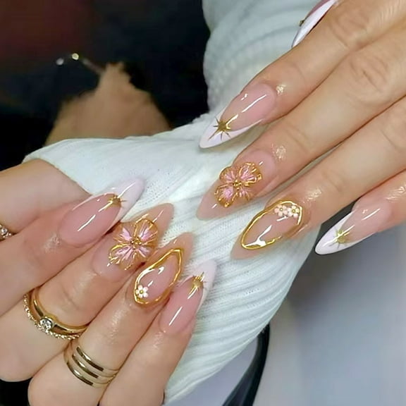 24pcs Press on Nails Almond Floral on Nails Full Covers False Nails with Flower Designs Nails Accesories