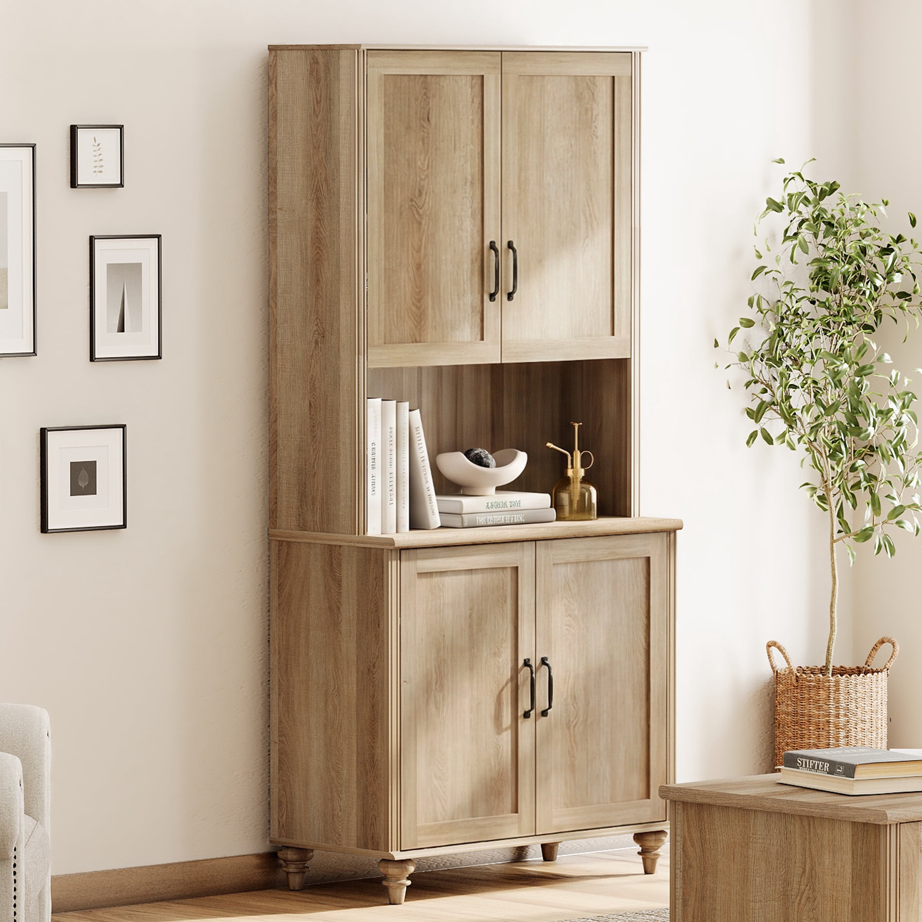 Oak 5-Tier Bookcase with Wood Doors, Bookshelf with Ample Storage Cabinet, Farmhouse Library Wooden Bookshelves for Living Room, Office, Kitchen