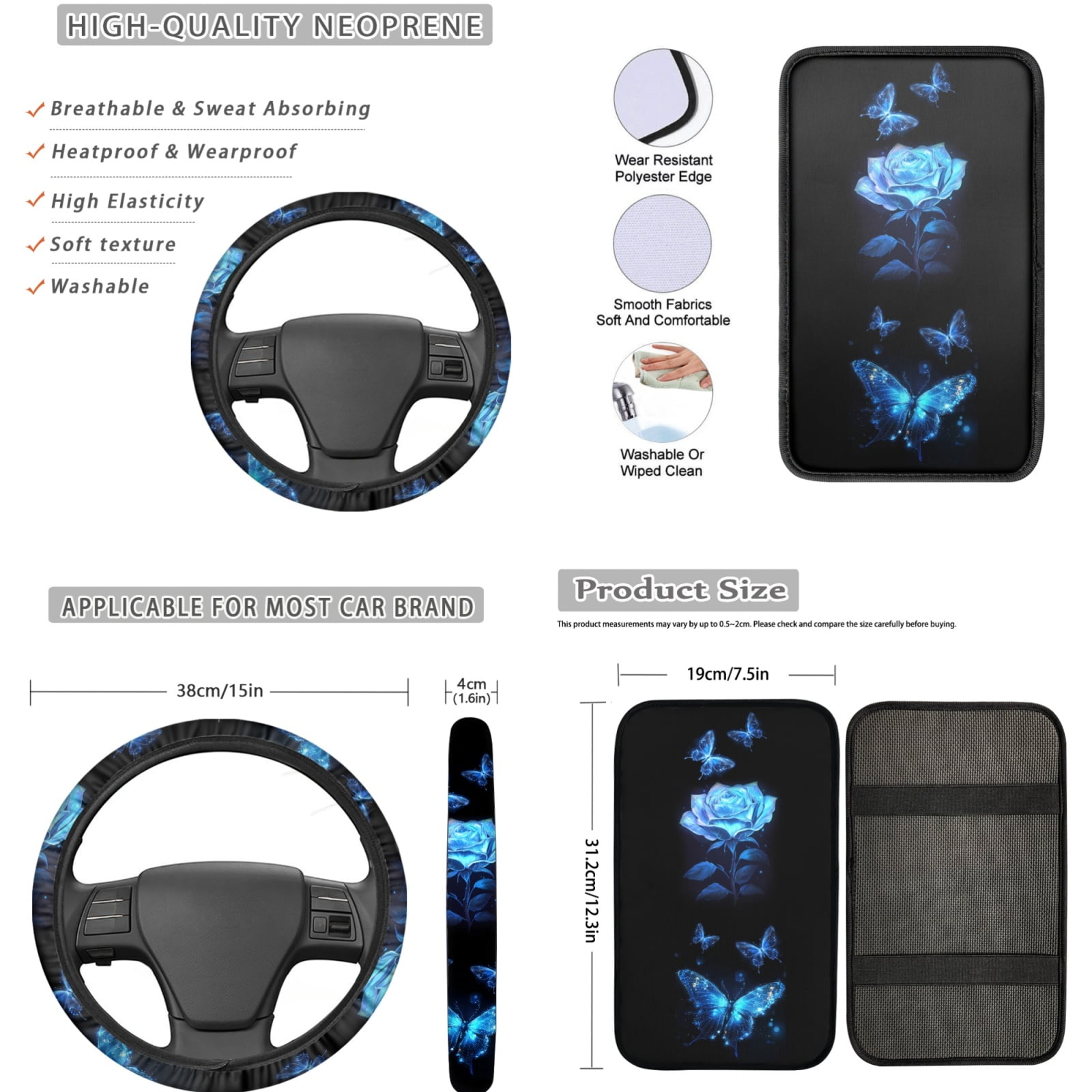 Jeiento Blue Rose Car Seat Cover Full Set Car Floor Mats Steering Wheel Cover Seatbelt Pad Armrest Cover Butterfly Cup Coaster Keychains Chapstick Holder Auto Interior Accessories Set of 17
