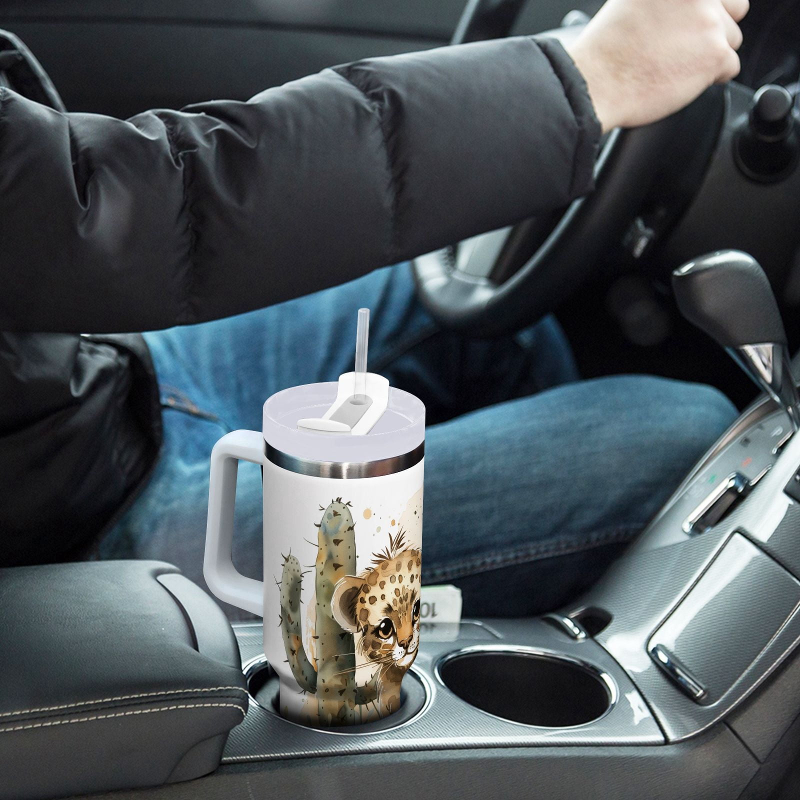 JSTEL Cute Leopard Baby 40 oz Tumbler Stainless Steel Water Bottle Vacuum Insulated Cup with Straw Lid & Handle For Travel Car Cup Holder