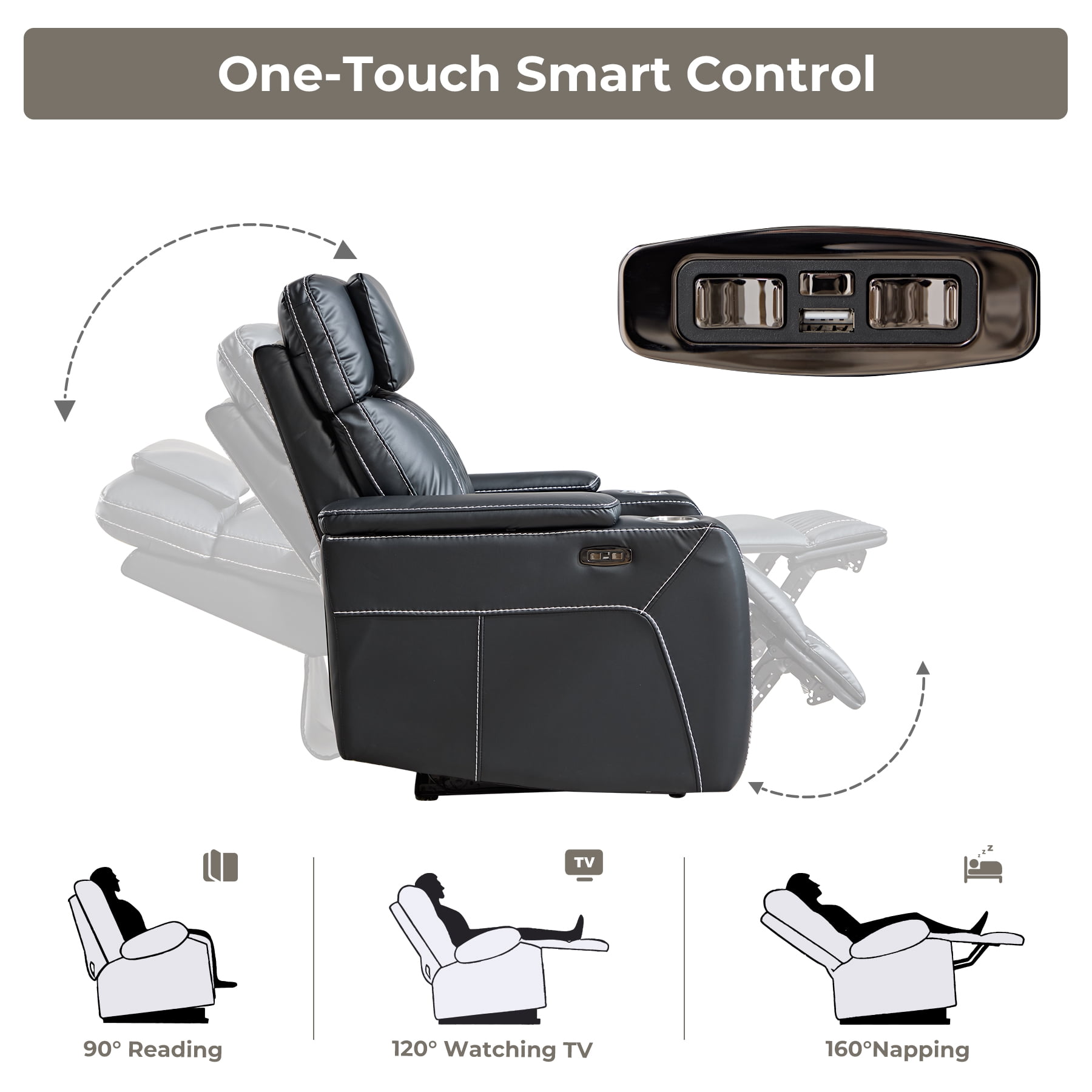 Ebello Dual Motor Power Recliner Chair with Adjustable Headrest, Faux Leather Electric Reclining Chair with LED Light Strip, USB Port, Cup Holders & Hidden Storage for Home Theater, Black