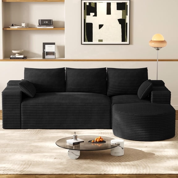 Wiilayok Corduroy Modular Cloud Couch,108" L Shaped Sectional Sofa Couches with Ottoman,Deep Seater,Comfy Black Sofa for Living Room Bedroom,No Assembly