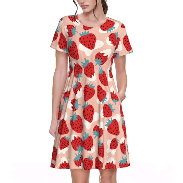 Balery Red Strawberry Vestidos sueltos de manga corta para mujer, vestidos de verano 2025, vestidos casuales de corte A con vuelo.