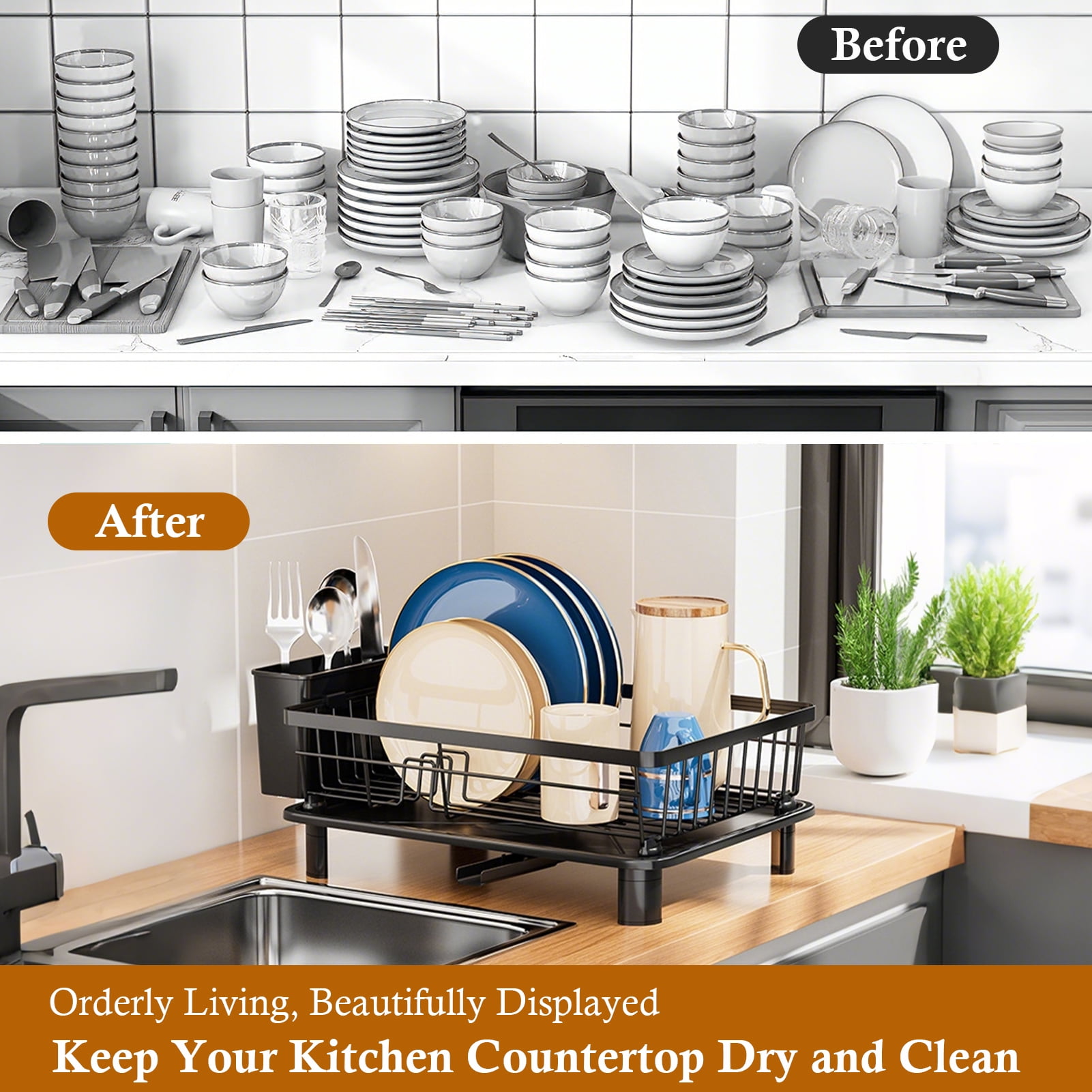 Godance Dish Drying Rack for Kitchen Counter, Stainless Steel Sink Organization and Storage with Cutlery Holder, Anti-Rust Drainage System, Apartment Essentials (Black, 14.9"L x 11"W)