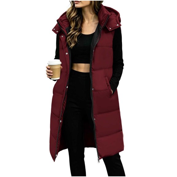 cocolona Long Puffer Vest for Women Trendy Hooded Sleeveless Stand Collar Button Down Long Coat Quilted Winter Warm Snow Overcoat with Pocket