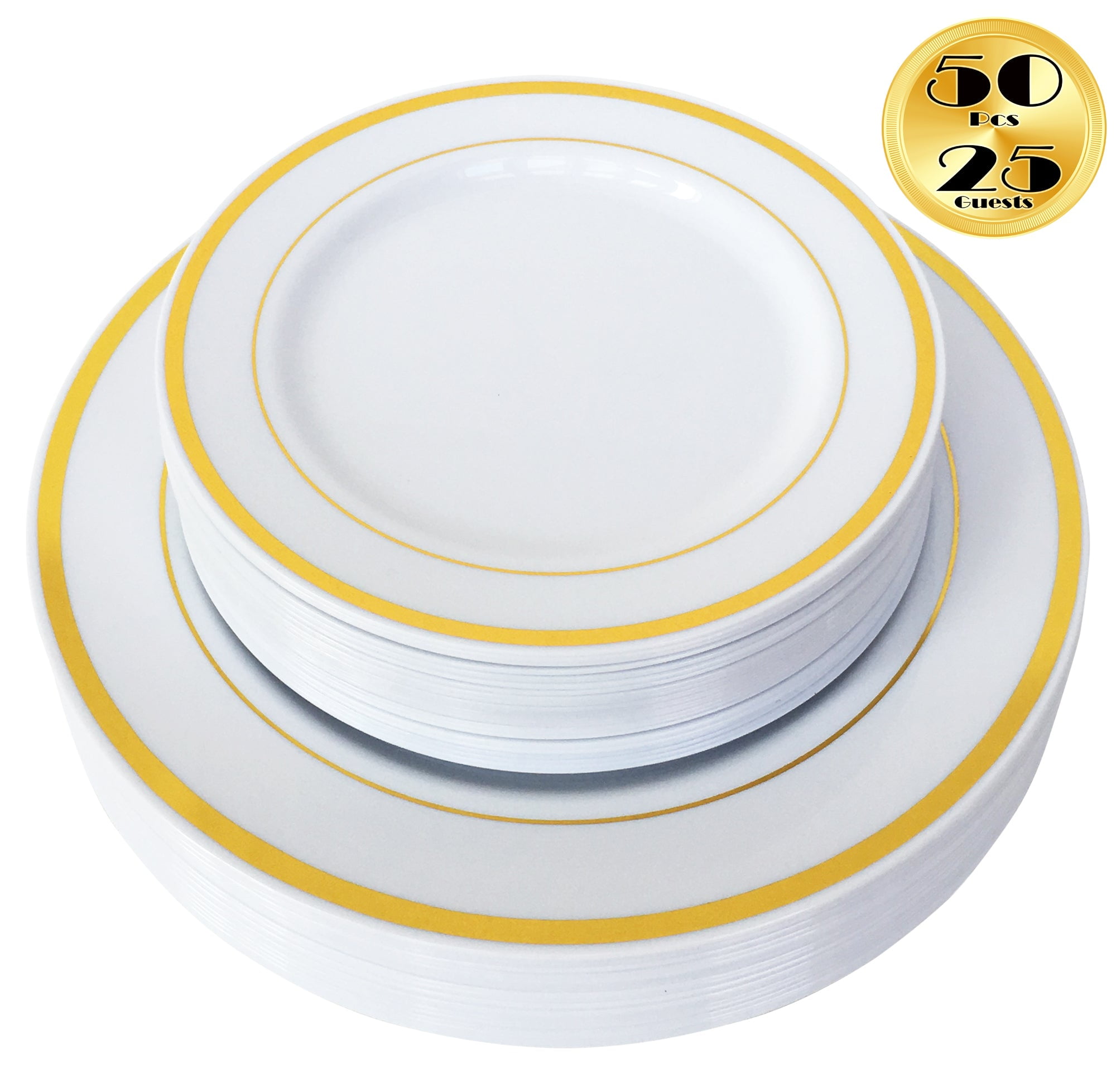 50 Piece Elegant Disposable Plates with Gold Lace Rim Set Includes 25 Dinner Plates and 25 Salad Plates Fancy Plates for Weddings and Parties Heavy Duty Plastic Dinnerware Gold Lace 