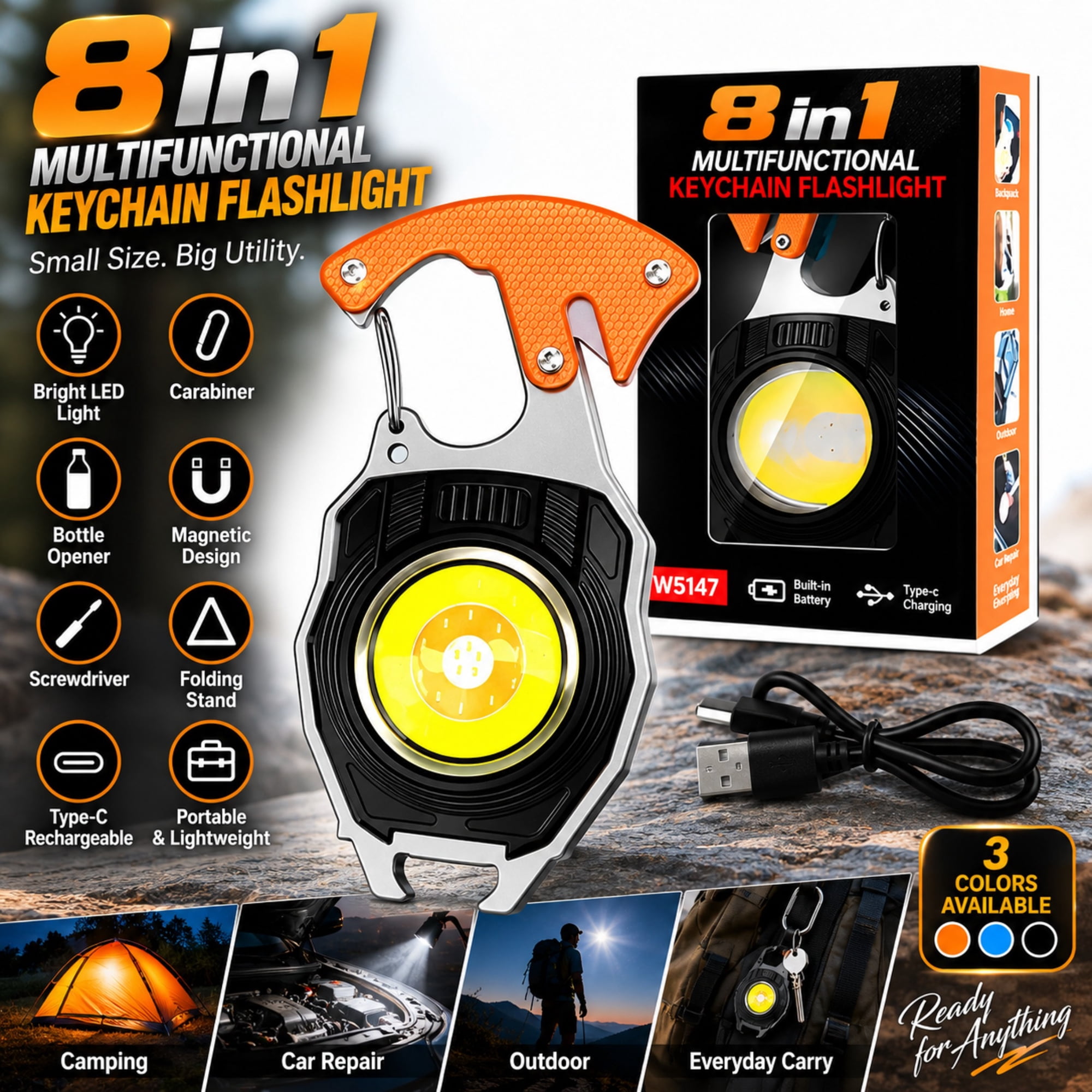 8 in 1 Multifunctional Keychain Flashlight Rechargeable COB Work Light with Carabiner Bottle Opener Magnetic EDC Multitool for Camping Outdoor Emergency