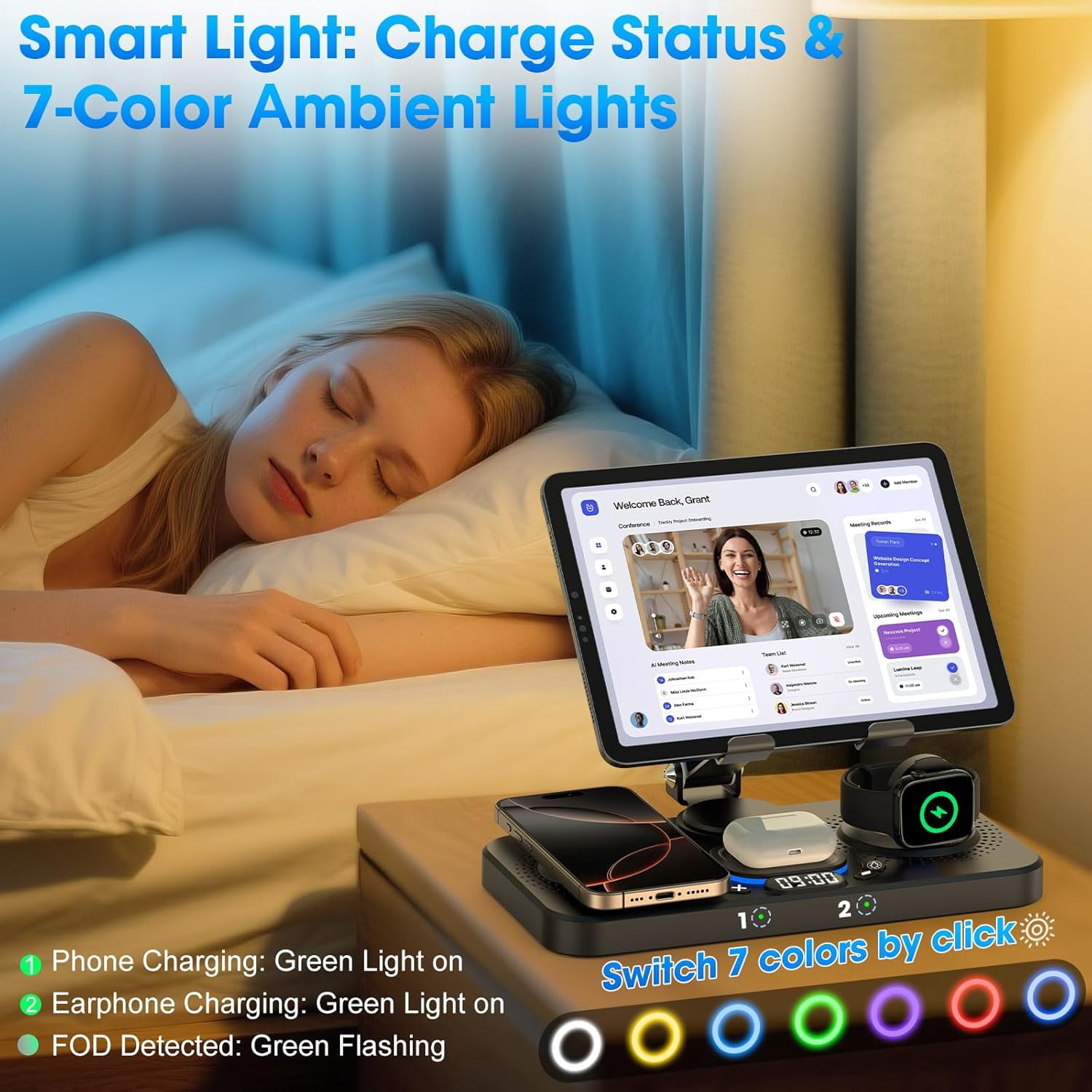 6 in 1 Wireless Charger for Apple Device, 30W Foldable Charging Station for ipad with Clock & 7 Color Ambient Light, Nightstand Wireless Charger for iPhone 16/15/14/iWatch Series/AirPods 4/3(Black)
