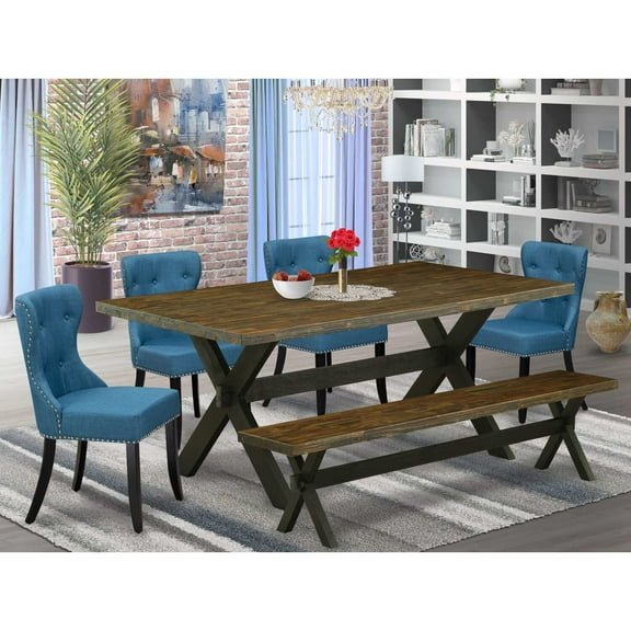 East West Furniture X677SI121-6 6-Piece Modern Dining Set- 4 Parson Dining Room Chairs with Blue Linen Fabric Seat and Button Tufted Chair Back - Rectangular Top & Wooden Cross Legs Kitchen Table and