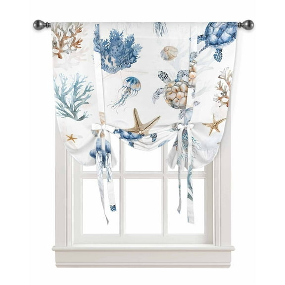 Blue Brown Coastal Tie Up Curtains for Kitchen Bathroom Bedroom Windows 63 Inch Length, Nautical Summer Beach Sea Turtle Balloon Drape Curtains Shade Rod Pocket Drapery Curtain Panel, 52"x45"