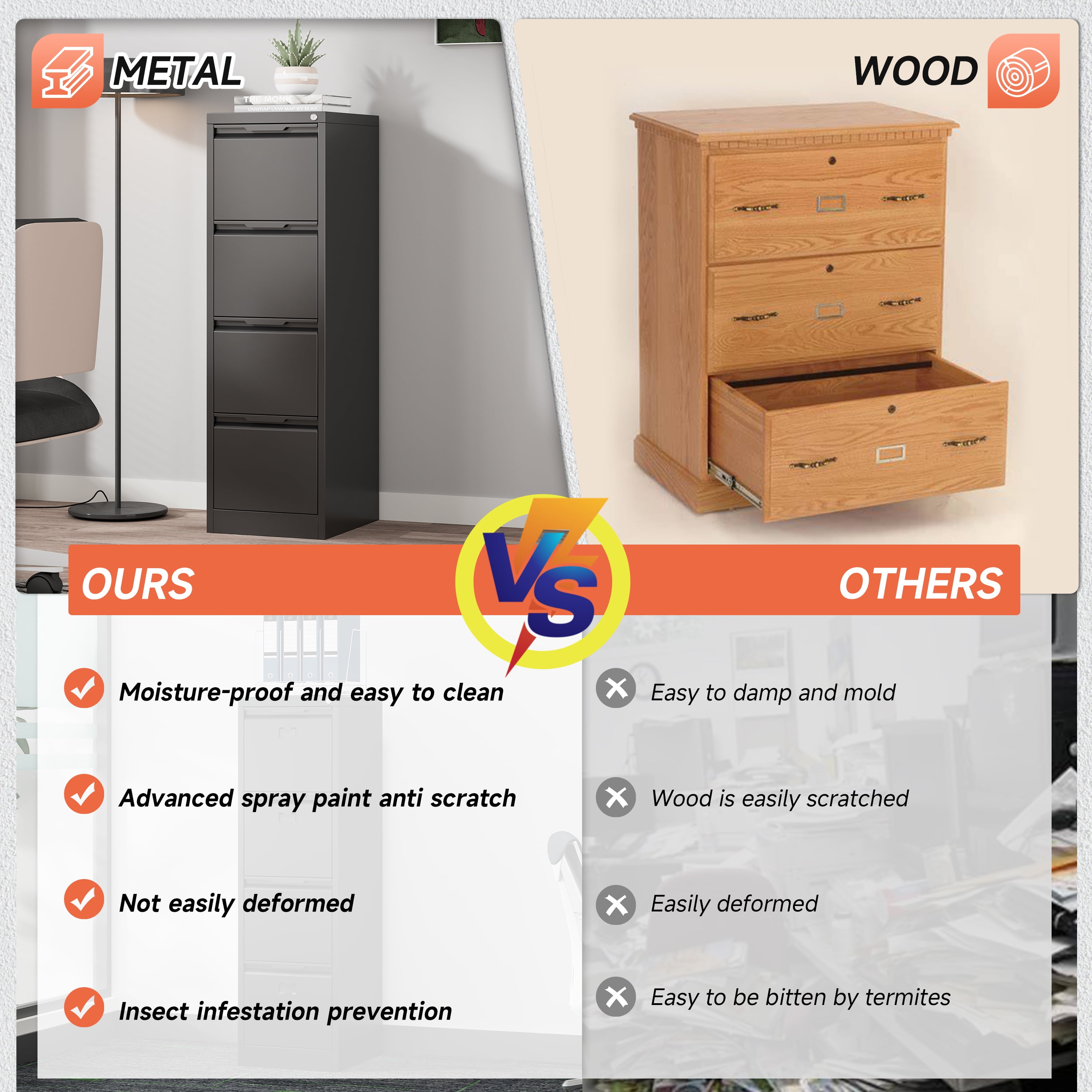 Kooyon 4 Drawer File Cabinet with Lock, 17.8" Deep Metal Filing Cabinet for Home Office, Black, Fits Letter/A4/Legal Folders, Easy Assembly-Black