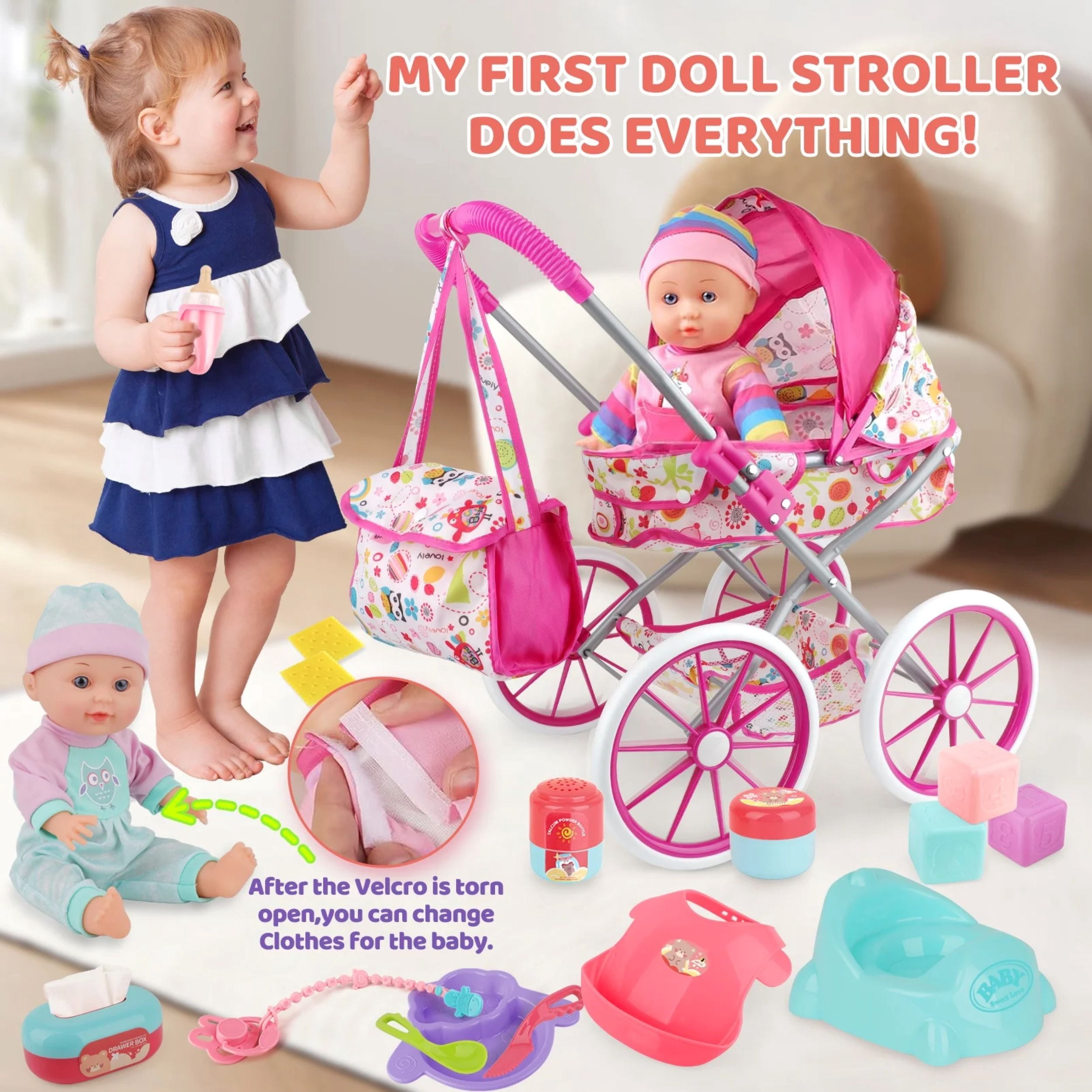 Mundo Toys 14" Baby Doll Nursery Playset, Stroller, Crib, 12 Sounds, Pink, +3