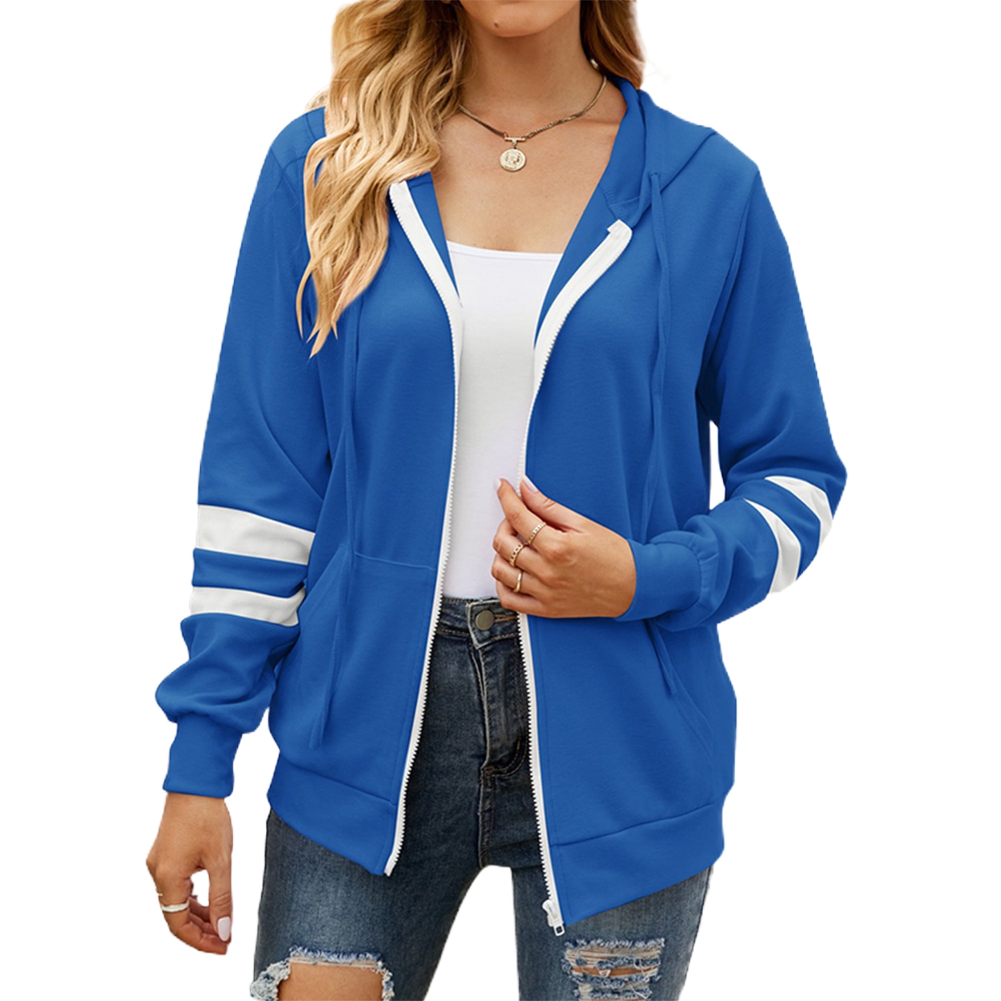 Mawclos Ladies Pullover Cardigan Hoodies Zipper Sweatshirt Loose Fit Fall Long Sleeve Hooded Tops Blue M Blue