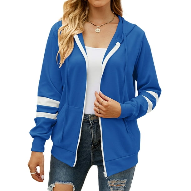 LUXUR Ladies Sweatshirt Long Sleeve Hoodies Zipper Pullover Leisure Hooded  Tops Cardigan Blue XL 