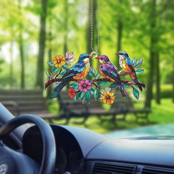 3 Birds Family Car Ornament - Colorful Birds Hanging Decoration with Beautiful Flowers, Vibrant Car Decor, Perfect Gift for Bird Lovers, Ideal for Home and Car Decoration