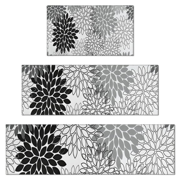 Black Floral and Petal Pattern Kitchen Rugs Sets Of 3,Kitchen Runner Rugs Non Skid Washable,Decorative Kitchen Floor Mats for Kitchen,Sink,Laundry,17"x30" 17"x47" 17"x59"