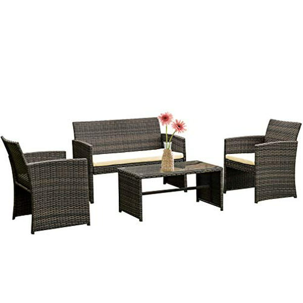 4 Pieces Outdoor Patio Furniture Sets, Brown Wicker Outdoor Furniture