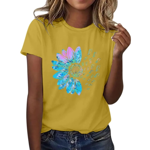 Yubnlvae T-Shirts pour Femmes T-Shirt d'Été Tournesol Mignon Graphique Fleur T-Shirts Amples Col Rond Manches Courtes Tops Décontractés Liquidation! Tournesol, Col Rond, Jaune, TTG